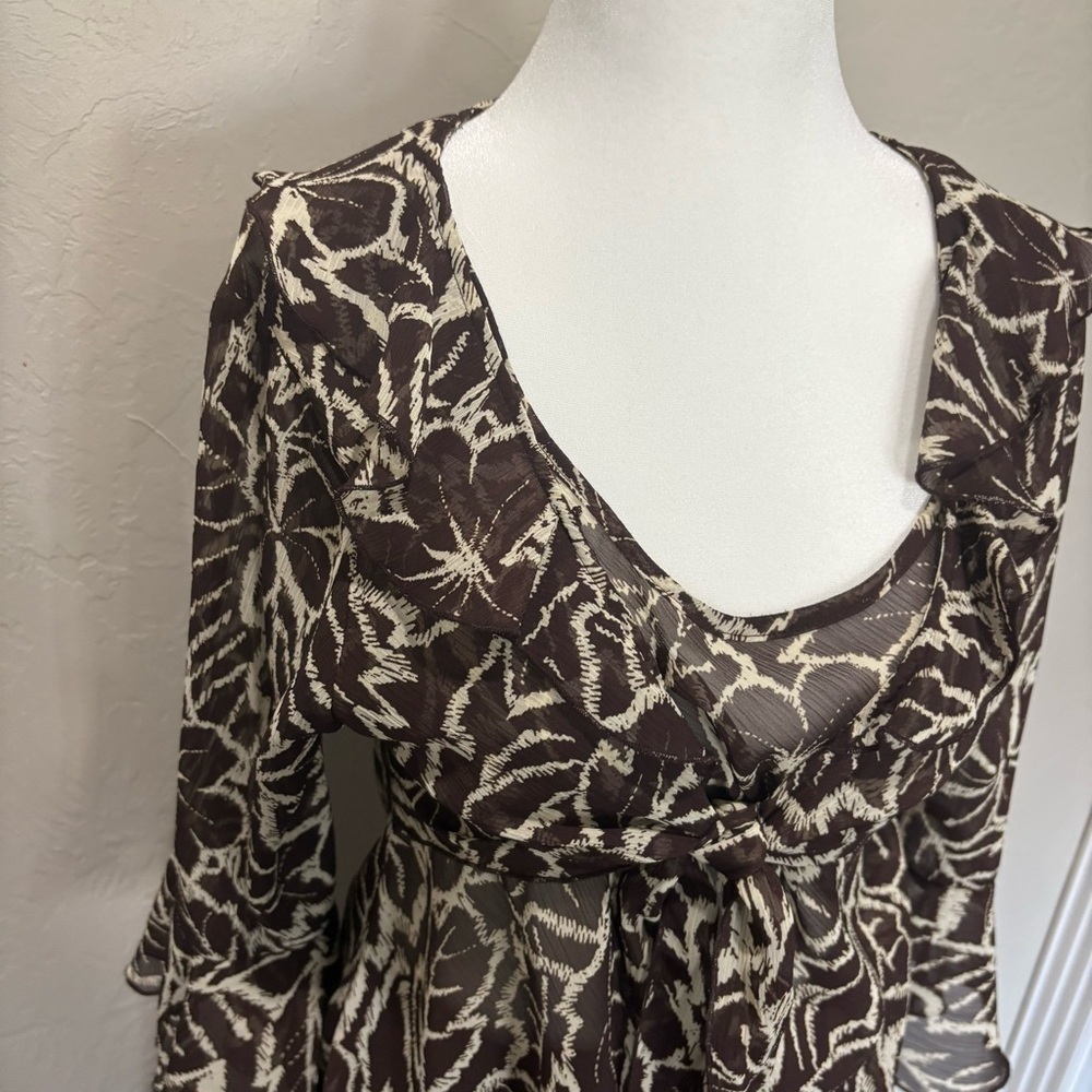 NWT 90s Sheer Floral Ruffle Tie Blouse Brown Beige | Versailles PM - Picture 4 of 12
